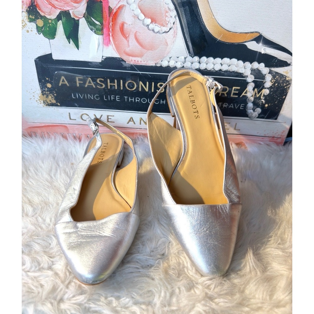 Talbots Metallic Silver Leather Slingback Pointed Toe Flats Womens 8.5M